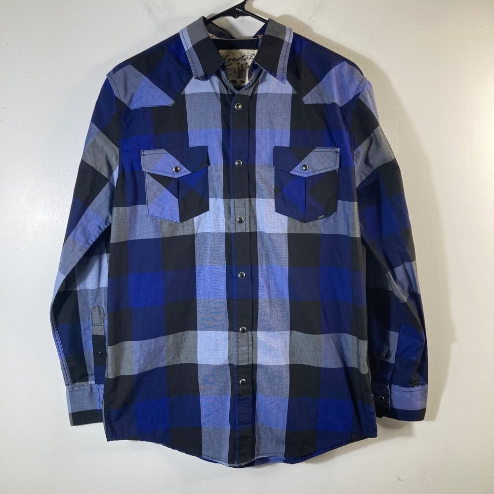 Mens Coastal Western Pearl Snap Shirt M Buffalo Plaid Long Sleeve Blue Black